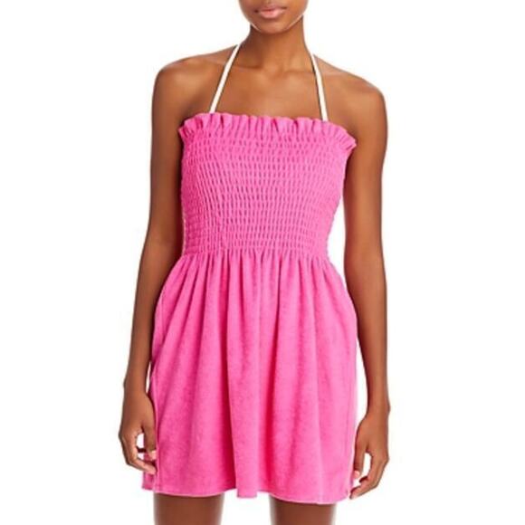 Aqua Swim Smocked Terrycloth Mini Dress Swim Coverup Pink Size L 2963 - Picture 1 of 1